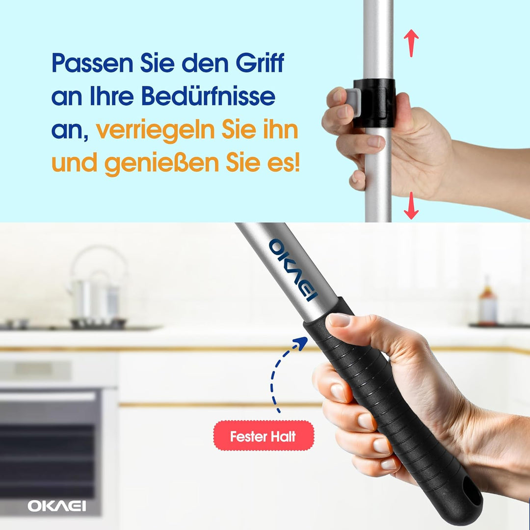 OKAEI Wischmop-Komplettset 40 cm – 5× Bezug Blau‑Weiss‑Beige + Klapphalter & Alu‑Teleskopstiel – Für