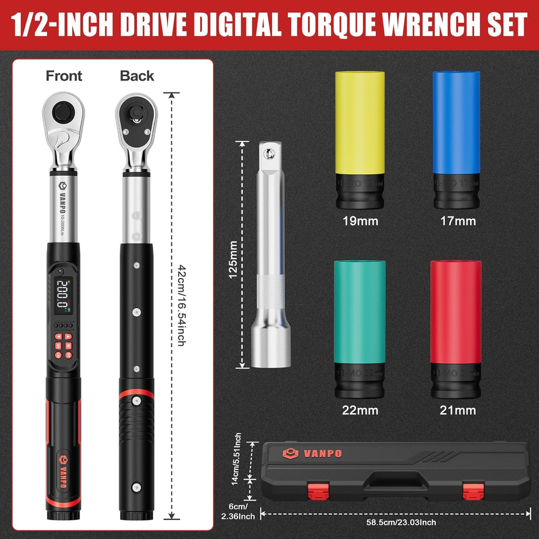 VANPO Digitaler Drehmomentschlüssel 1/2 Zoll Set, 10-200 Nm Drehmomentschlüssel Auto mit LCD-Display