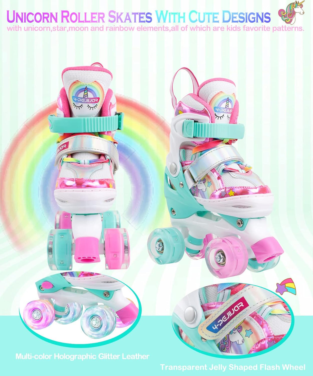 Kinder Einhorn Rollschuhe für Mädchen.Geeignet für 3-6 Jahre alt. Mit Leuchtenden Rädern,4-Pejiijar