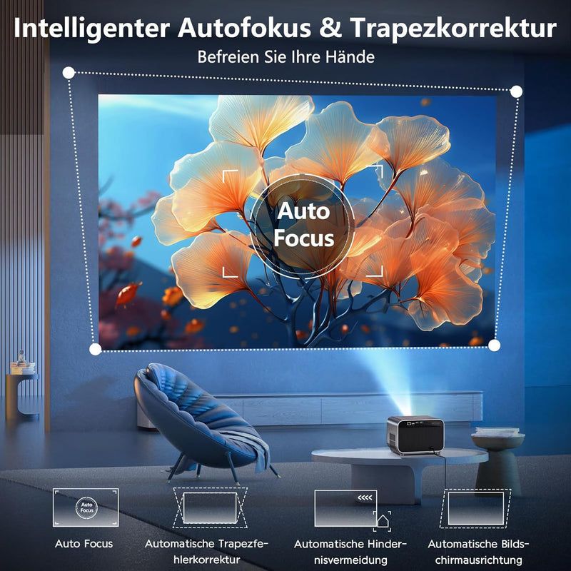 [Netflix Offizieller/Autofokus/Trapezkorrektur] VGKE Smart Beamer 4k Heimkino, 900ANSI Full HD 1080p