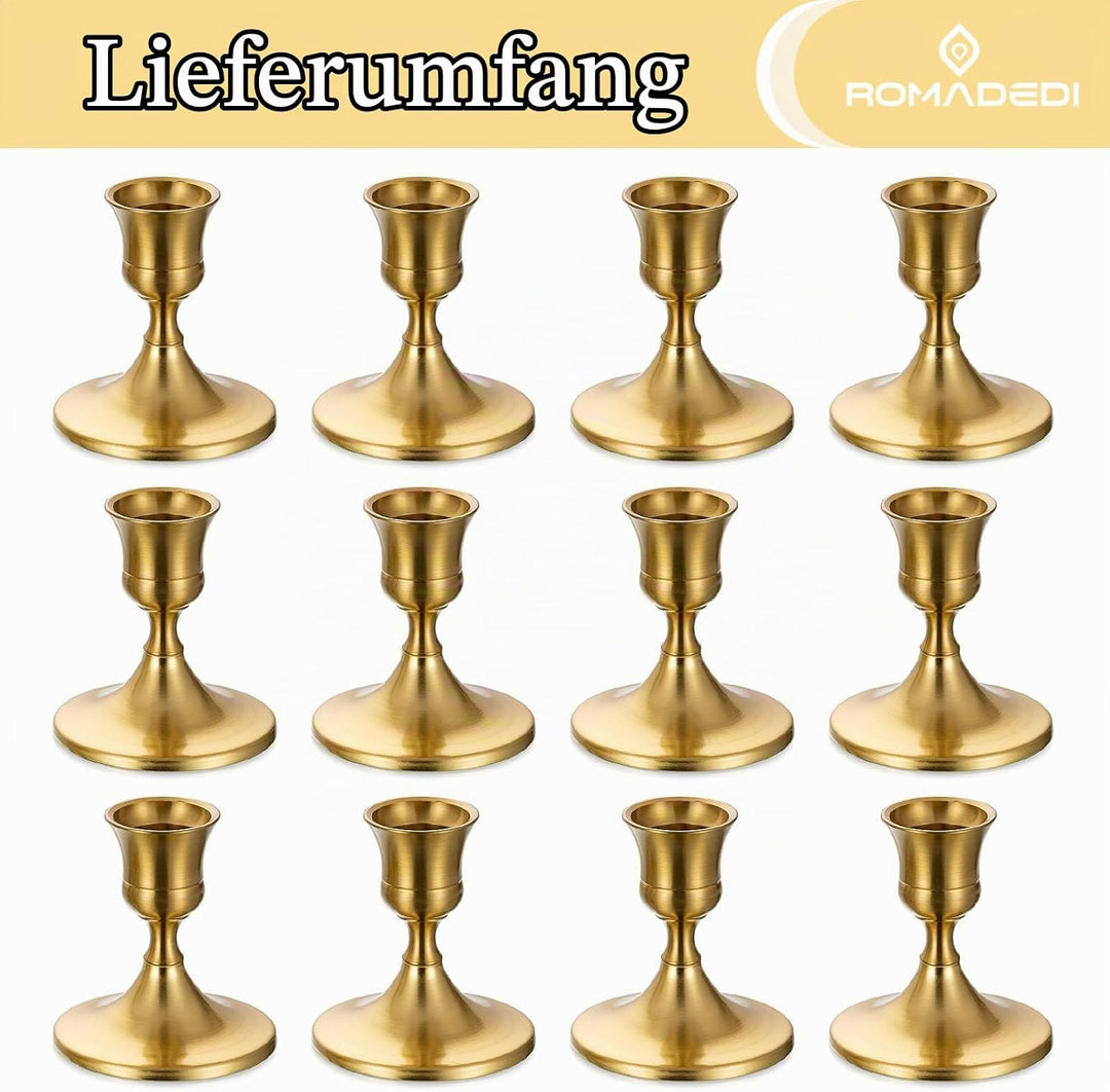 Romadedi Kerzenständer Gold Stabkerzen Tischdeko - 12er Set Klein Kerzenhalter Stabkerze Metall Vint