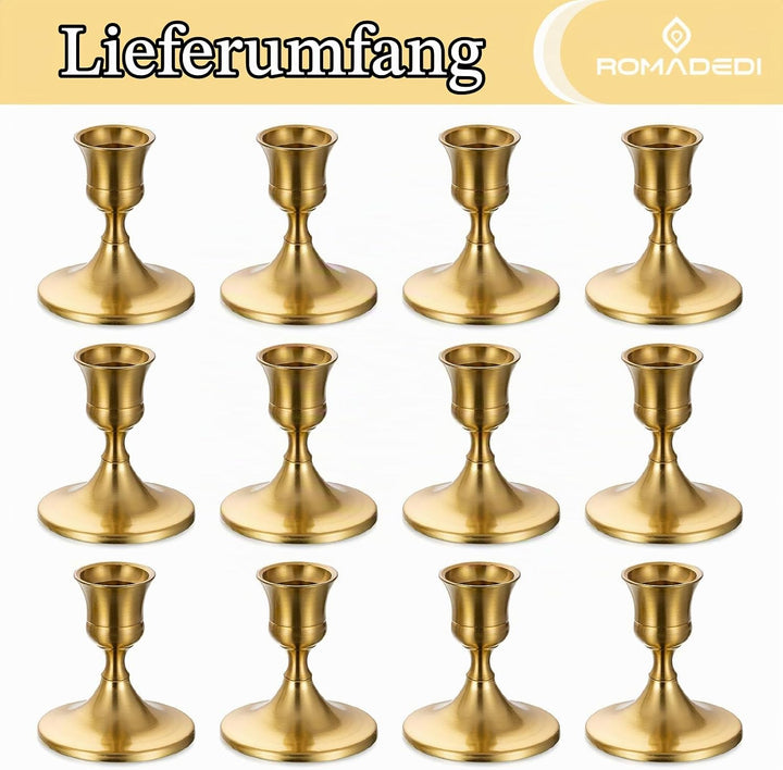 Romadedi Kerzenständer Gold Stabkerzen Tischdeko - 12er Set Klein Kerzenhalter Stabkerze Metall Vint