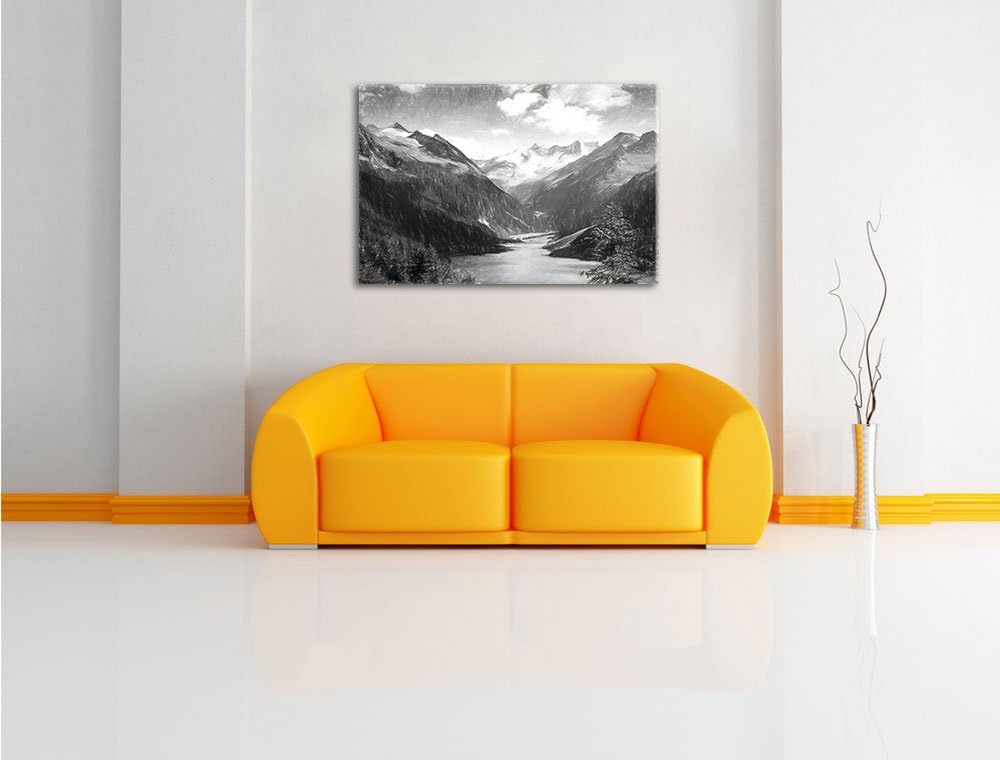 Pixxprint See zwischen Bergen als Leinwandbild/Grösse: 100x70 cm/Wandbild/Kunstdruck/fertig bespannt