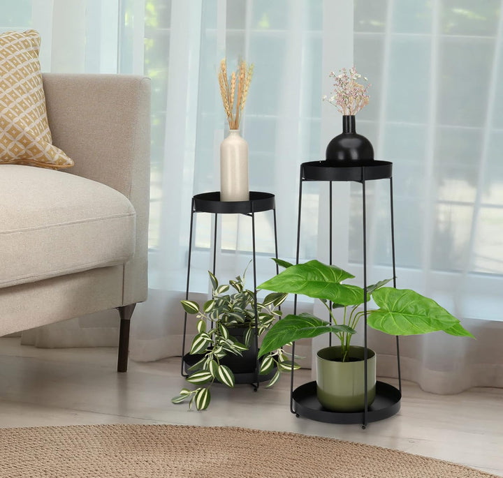 Spetebo Blumentopf Ständer aus Metall in schwarz 2er Set - H 58 / 46 cm - Deko Blumenregal mit 2 Abl