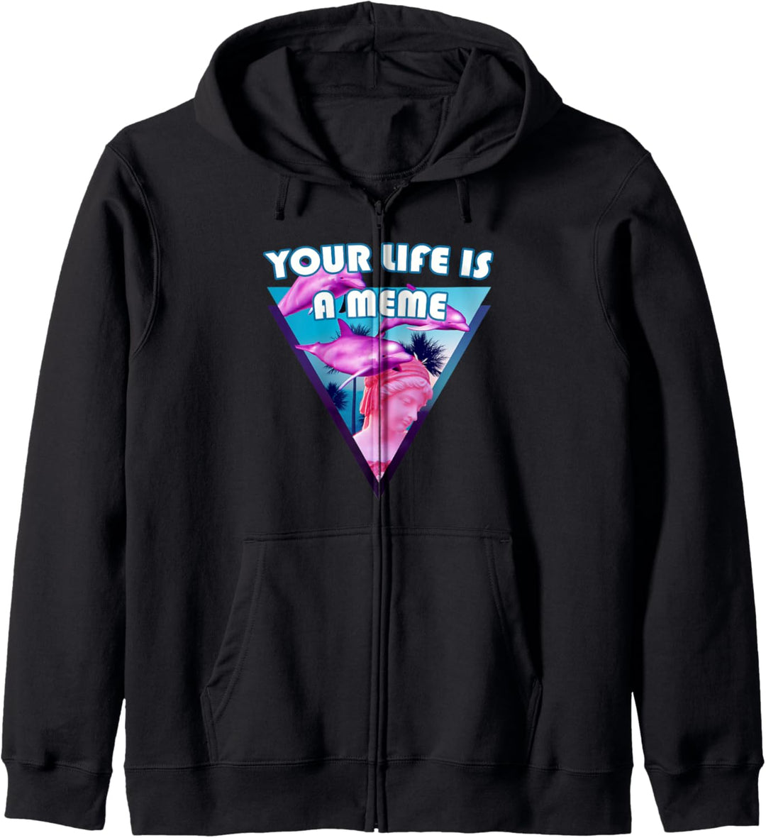 Your Life is a Meme Vaporwave Statue mit Palmen und Delfinen Kapuzenjacke