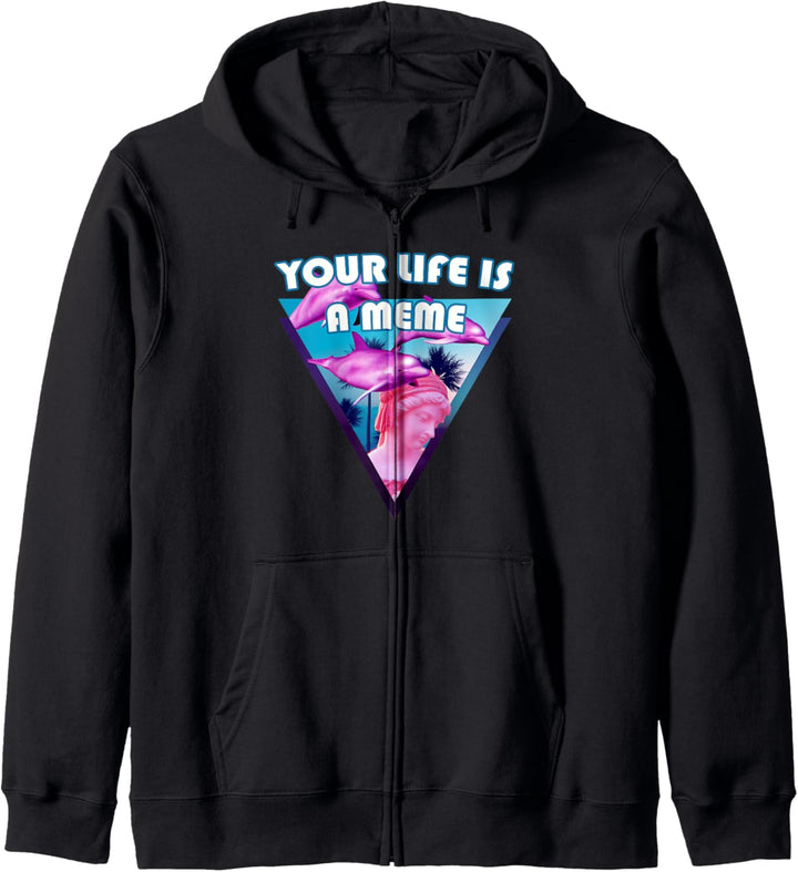 Your Life is a Meme Vaporwave Statue mit Palmen und Delfinen Kapuzenjacke