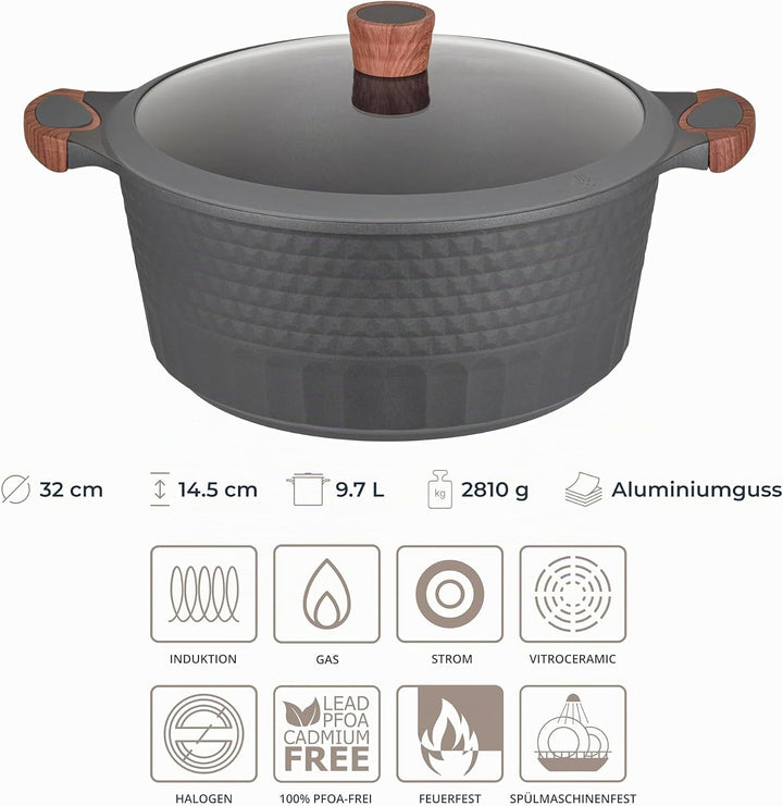 RESTO Kochtopf Schmortopf 9,7L mit Deckel 32cm, H=14,5cm | Antihaftbeschichtung | im Geschenkkarton
