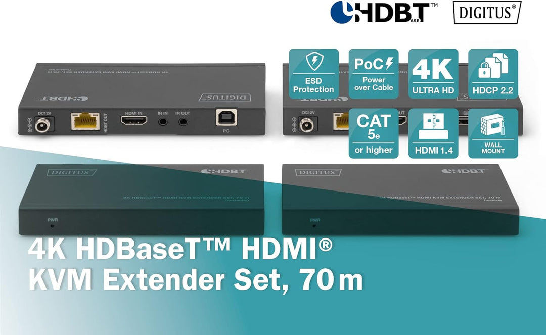 DIGITUS HDMI KVM Extender - 4k/30Hz - Sender & Empfänger - HDBaseT 1.0 - HDMI 1.4 - USB 1.1 - Reichw