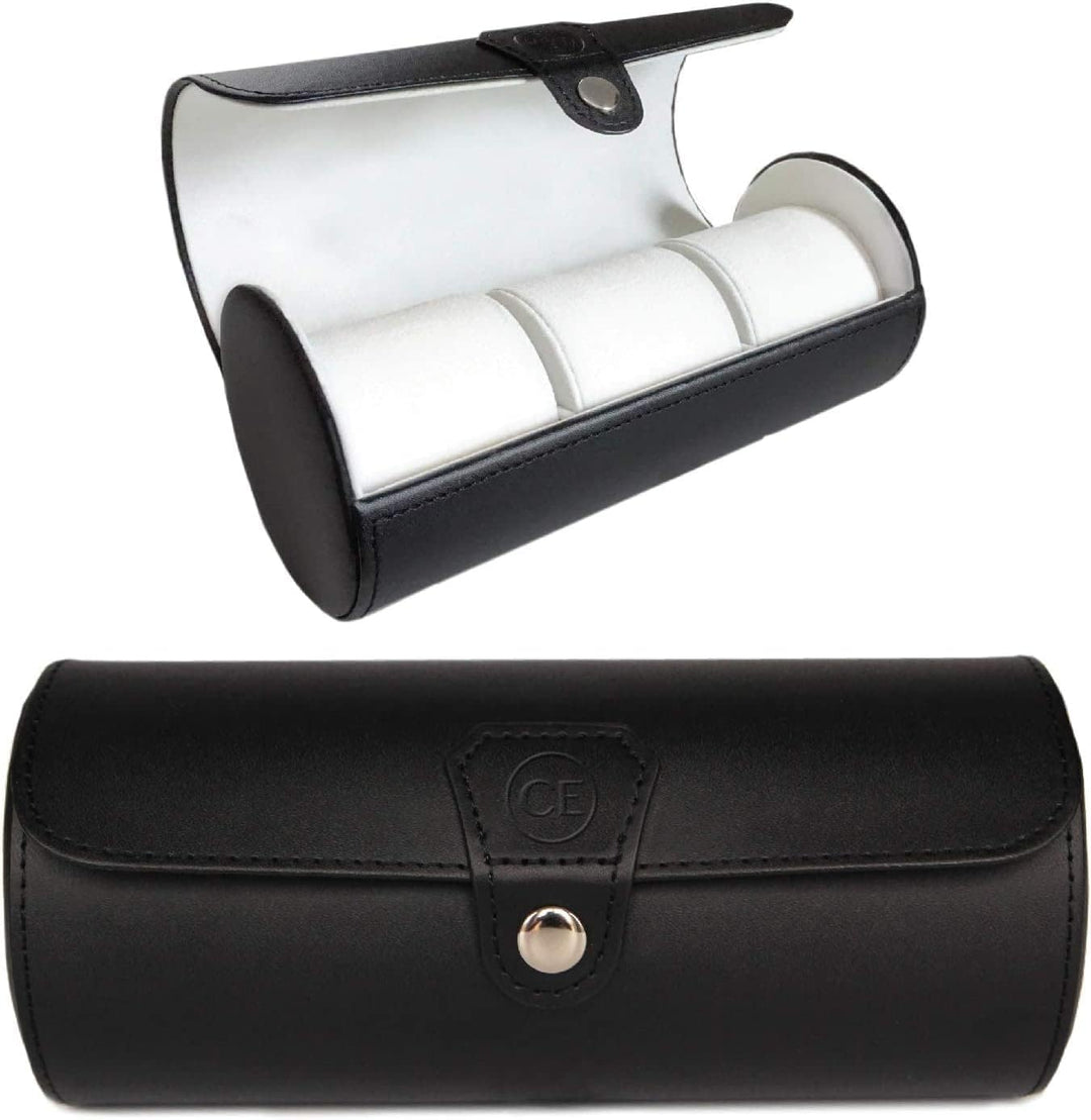 CASE ELEGANCE zylindrische Uhrenbox aus Vegan Leder in Schwarz für 3 Uhren Black, Black
