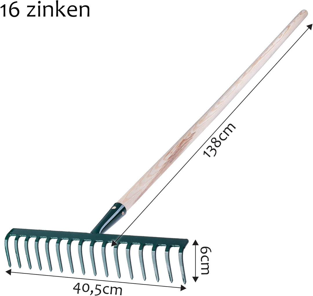 KADAX Rechen aus Metall, Flache Harke mit Stiel aus Holz, Laubbesen für Garten, Beet, Laubrechen, Ra