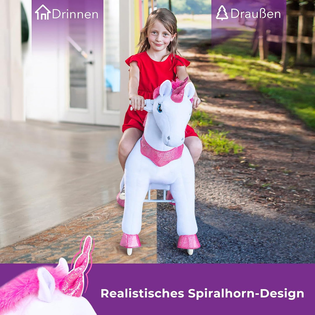 PonyCycle Einhorn auf Rollen, für Kinder 3–4 Jahre, 76cm Hoch, Einhorn zum reiten mit Handbremse, Ei