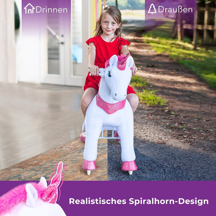 PonyCycle® Einhorn auf Rollen | für Kinder 4–7 Jahre, 90cm | Rosa Plüsch Reitpferd mit Handbremse |