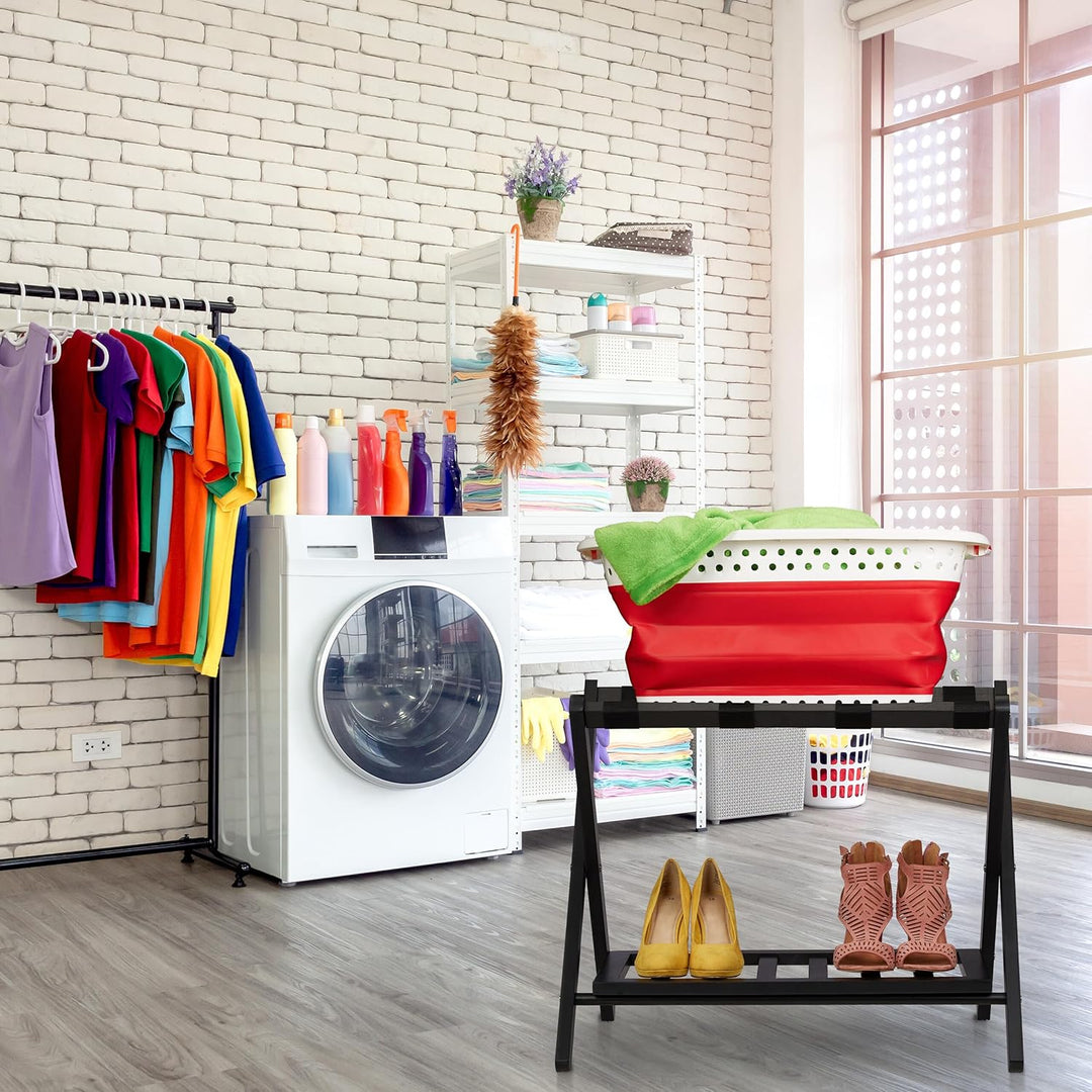 Relaxdays Kofferständer klappbar, 2er Set, Holz, HxBxT: 54 x 66 x 45 cm, 2 Ablagen, Kofferaufbewahru