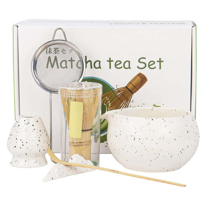 Nideen Matcha Set Weiss mit Besen, Keramik Schale, Matcha Löffel & Halter–Matcha Besen Set für die M