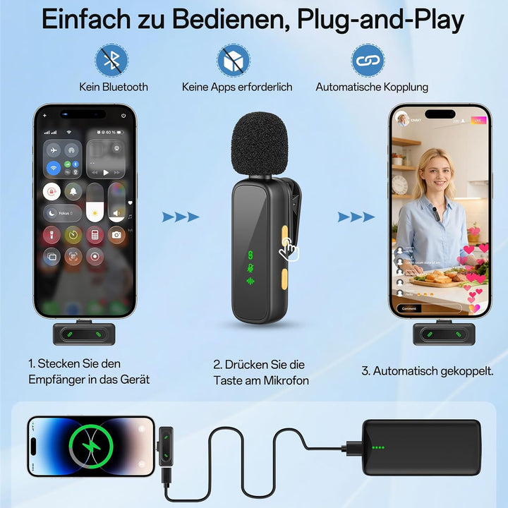 Upgrade Mini Mikrofon Handy mit Batterie-Display, Kabelloses Lavalier Ansteckmikrofon Klein Mic Wire