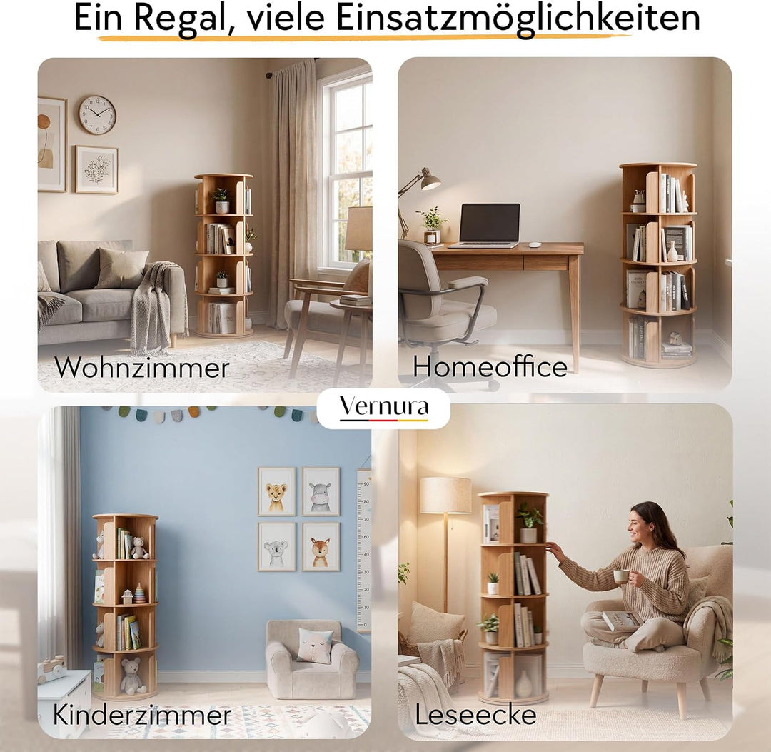 Drehbares Bücherregal aus Holz - 100% Massivholz - Premium Qualität - Platzsparend - Drehregal Büche