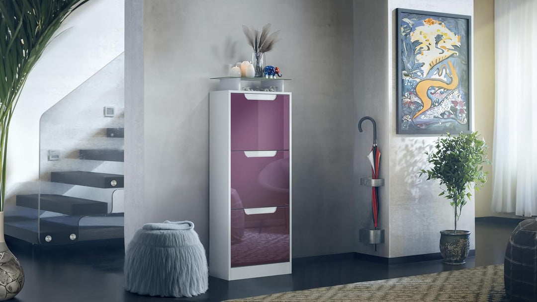 Vladon Schuhschrank Space V2, Schuhkipper für 12 Paar Schuhe mit 3 Klappen und Glasablage, Weiss mat