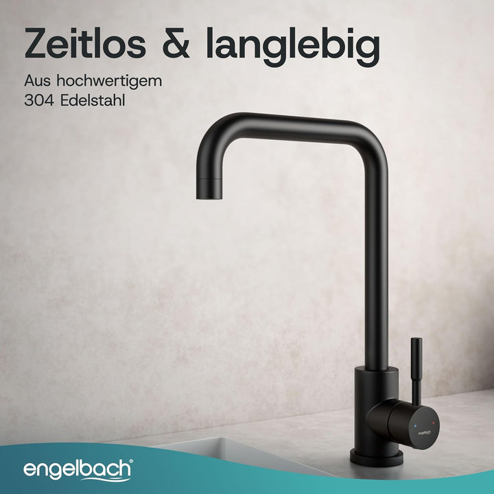 Engelbach® Wasserhahn Küche Schwarz - 360° Schwenkbare Küchenarmatur aus 304 Edelstahl - inklusive t