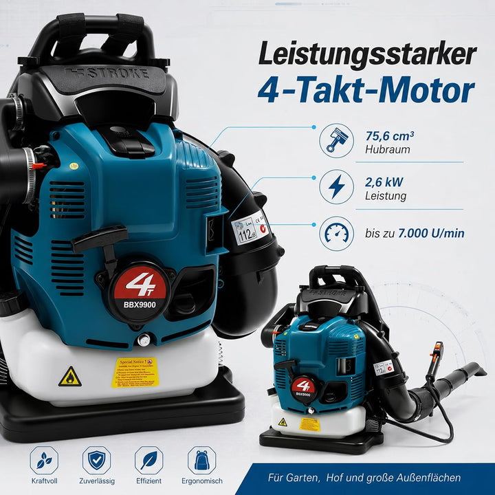 Laubbläser Benzin Rucksack 75,6 CCM 4-Takt 498 CFM Luftvolumen | 2600 W 7000 U/min Ideal für Rasenpf