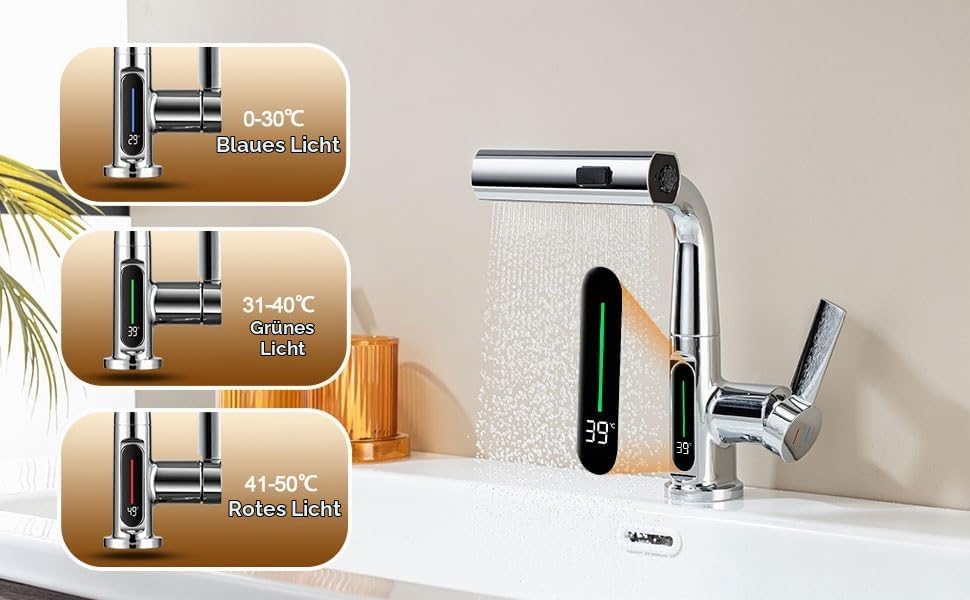 Wasserhahn Bad 360°Schwenkbar LakeBayMZC Spültischarmatur LED Temperaturanzeige,Aufsatzwaschbecken m