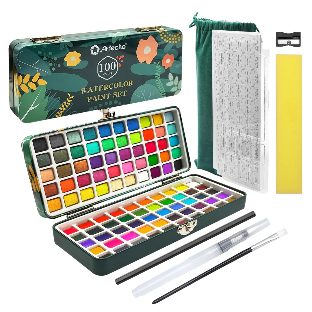 Artecho Aquarellfarben Set 100 Farben in Tragbarer Box, Mit Pinsel und Aquarellpapier, Aquarell für