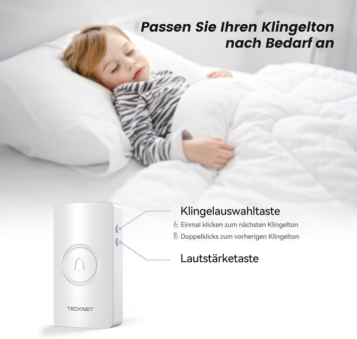 TECKNET Funkklingel, IP67 Türklingel-Set Aussen wasserdicht, 400M Reichweite, Batteriebetrieben mit