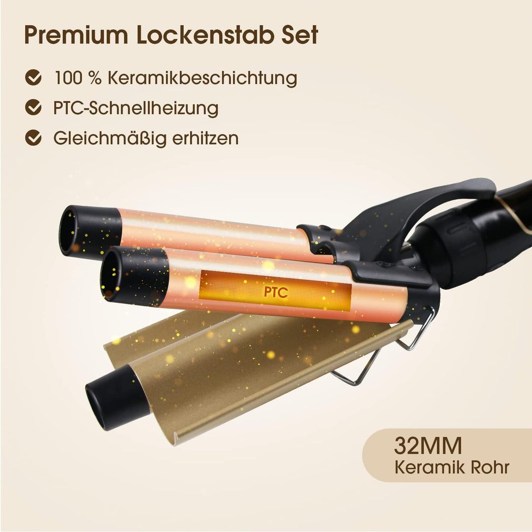 4 in 1 Lockenstab Set,3 Fässer Welleneisen 32mm Keramik mit Lockenstab Grosse Locken,Welleneisen Ver