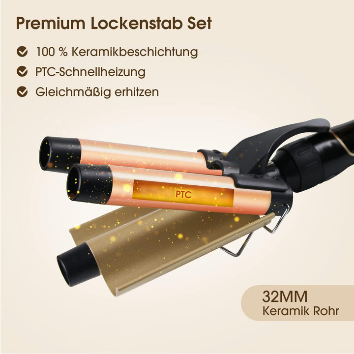 4 in 1 Lockenstab Set,3 Fässer Welleneisen 32mm Keramik mit Lockenstab Grosse Locken,Welleneisen Ver