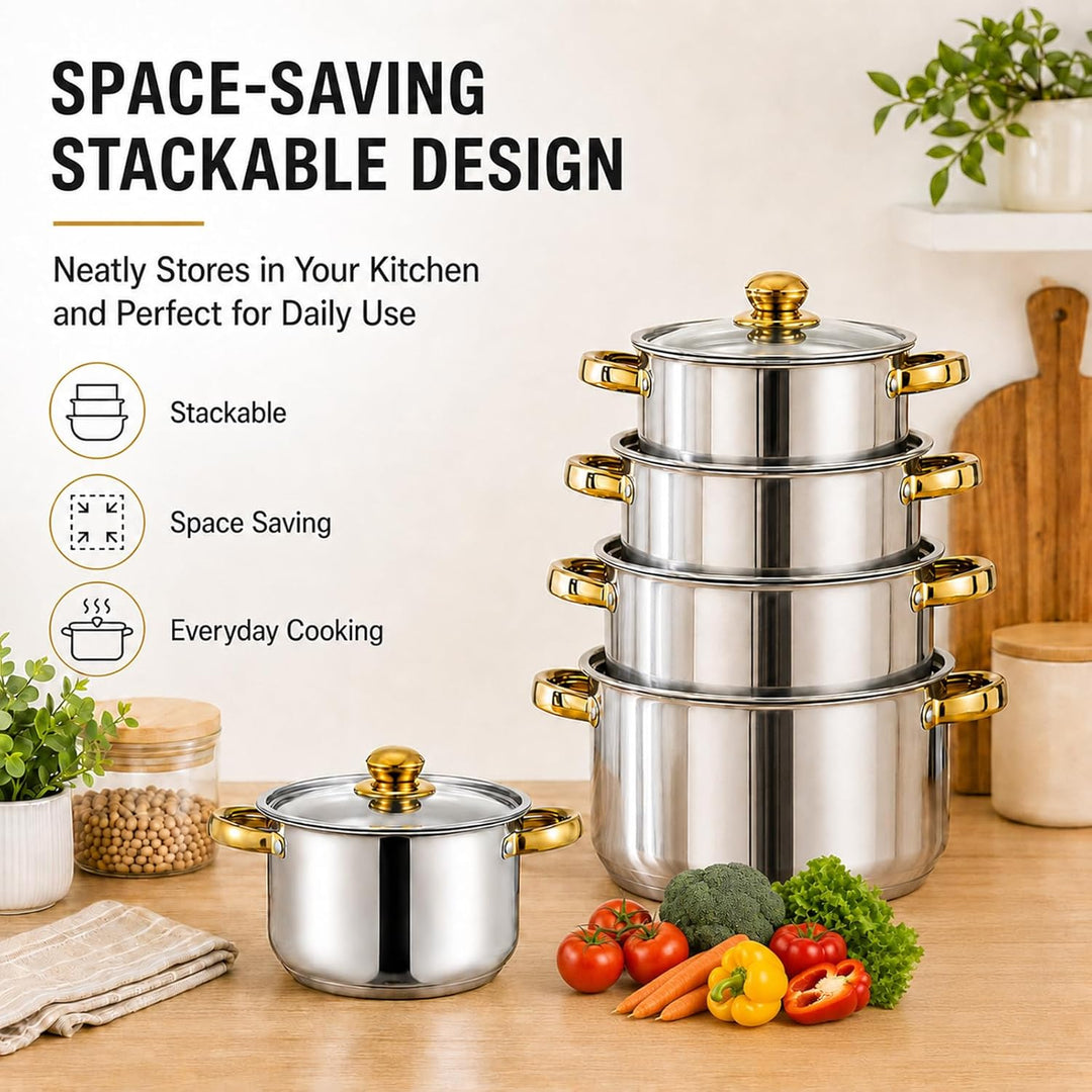 Topfset Edelstahl 10-teilig für Induktion, Kochtopf Set mit Glasdeckel, 5 Kochtöpfe von 18 bis 26 cm