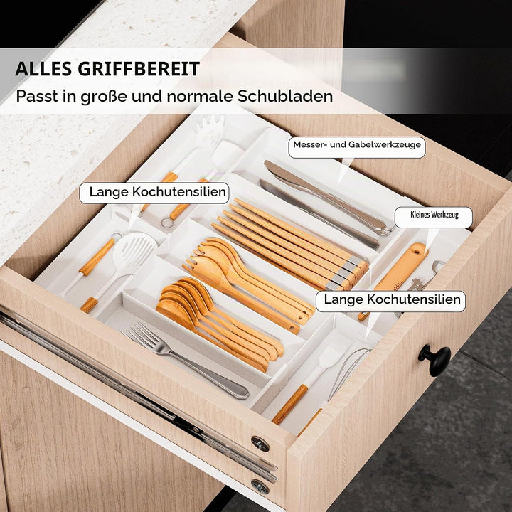 Jolitac Besteckkasten für Schubladen, 7 bis 9 Fächer Ausziehbarer Besteckeinsatz für Küche, Besteck