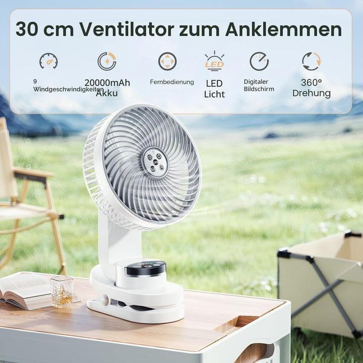 20000mAh Mini USB Clip Ventilator mit akku,3 in 1 Clip Fan Tischventilator mit Led Anzeige, 360°Dreh