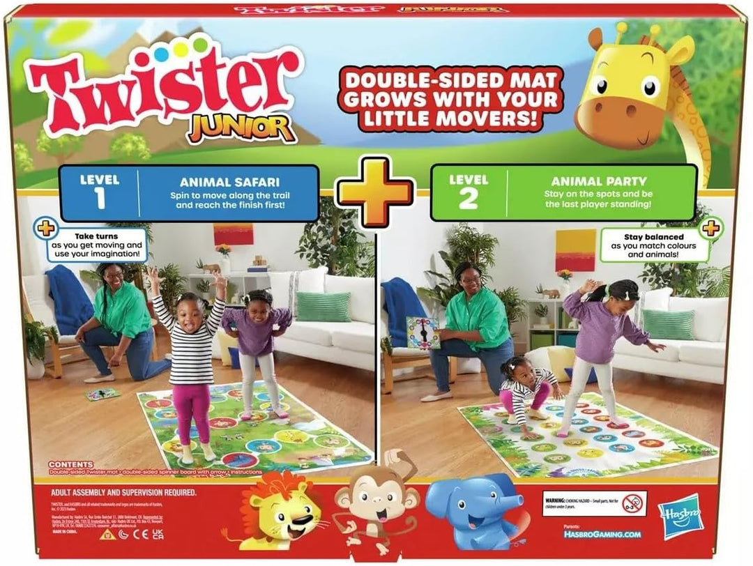 Twister Junior Spiel, Tierabenteuer 2-seitige Matte, 2 Spiele in 1, Partyspiel, Indoor-Spiel für 2-4