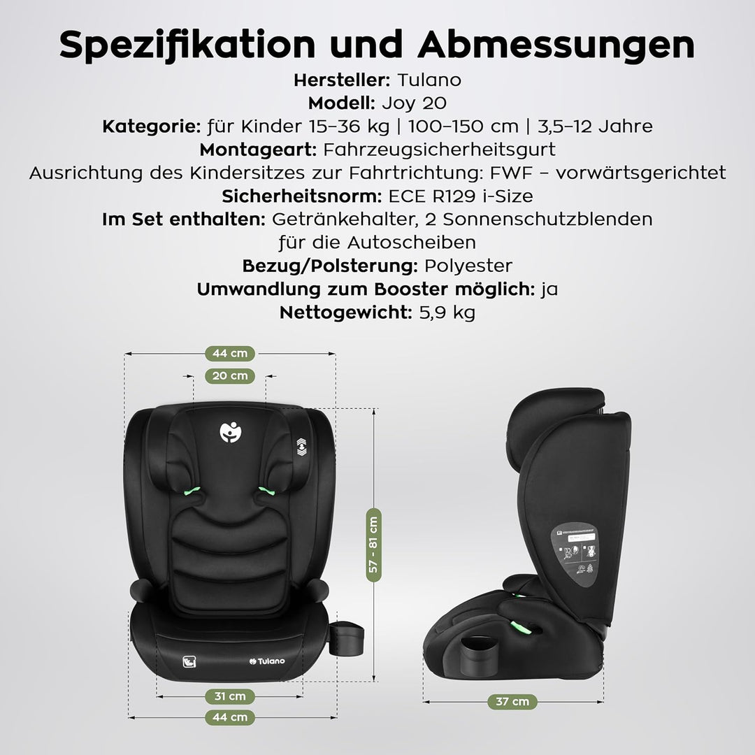 TULANO Joy 20 – Kinderautositz für Kinder von 100–150 cm – Sicherer Autositz für 3,5–12 Jahre – Bequ
