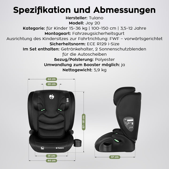 TULANO Joy 20 – Kinderautositz für Kinder von 100–150 cm – Sicherer Autositz für 3,5–12 Jahre – Bequ