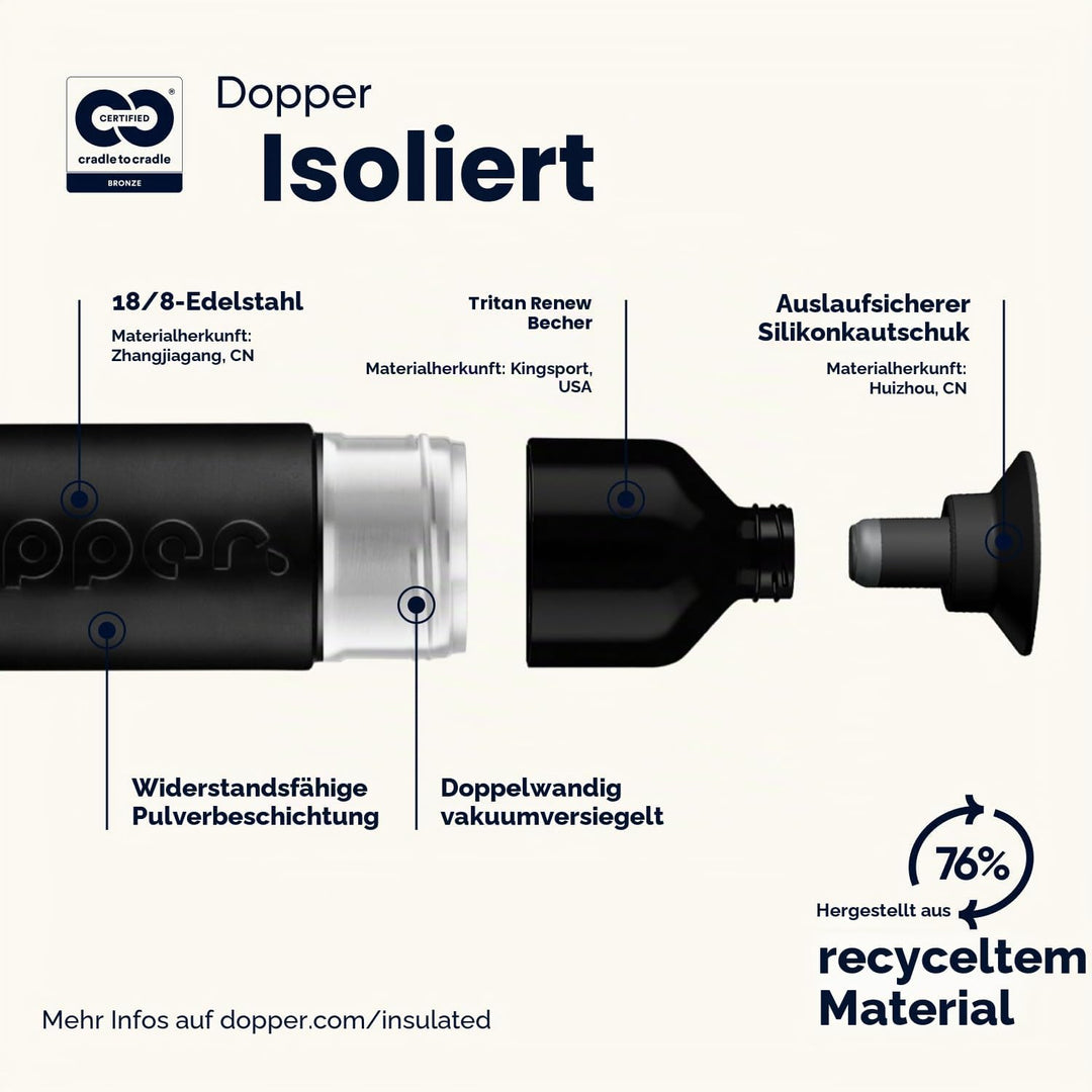 Dopper Insulated Blazing Black Thermosflasche - Edelstahl Trinkflasche 580ml - Kaffeebecher to go -