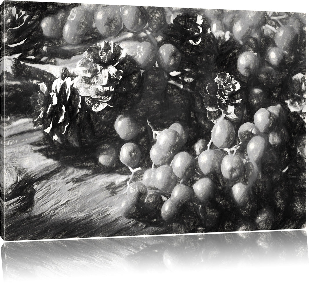 Pixxprint Vogelbeeren und Tannenzapfen Kunst als Leinwandbild/Grösse: 100x70 / Wandbild/Kunstdruck/f