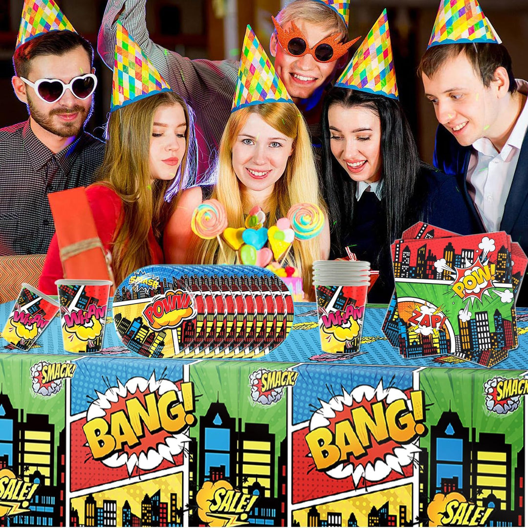 Doyomtoy 61 Stück Kindergeburtstag Party Set mit Superhelden Cartoon dekorative Geschirr einschliess