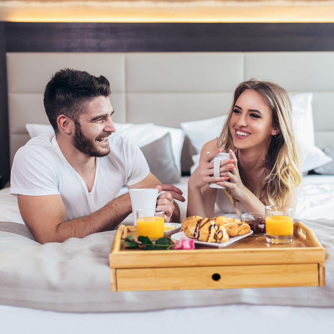Relaxdays Bambus Serviertablett, entnehmbare Schublade, Frühstückstablett mit Griffen, H x B x T: 10