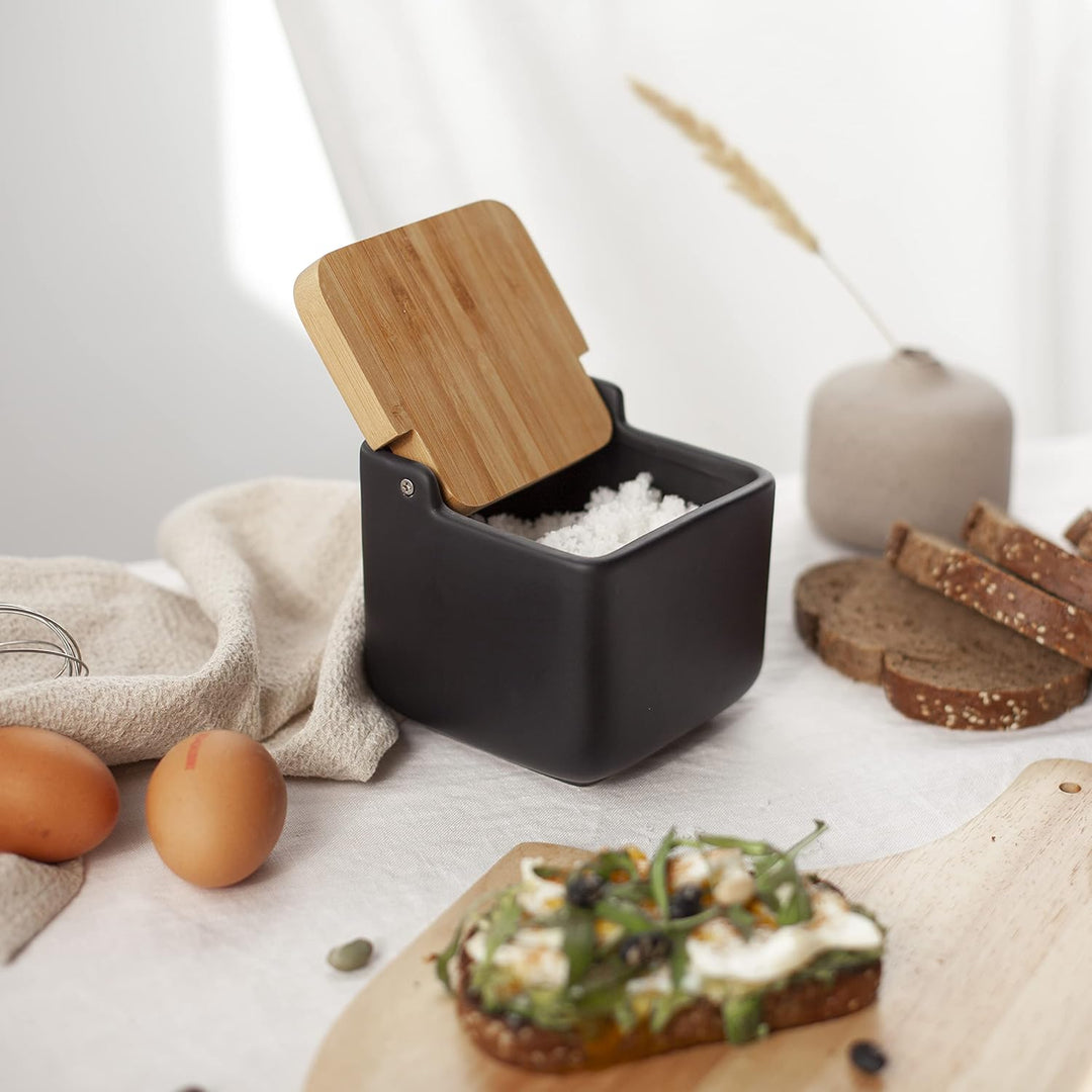 Set Salzdose und Zuckerdose - Keramik mit deckels aus umweltfreundlichem Bambus - Praktischer behält