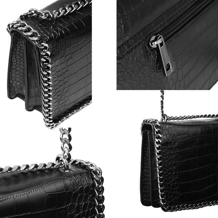 CRAZYCHIC - Damen Kette Umhängetasche - Kroko PU Leder Gesteppte Klappe Schultertasche - Steppmuster