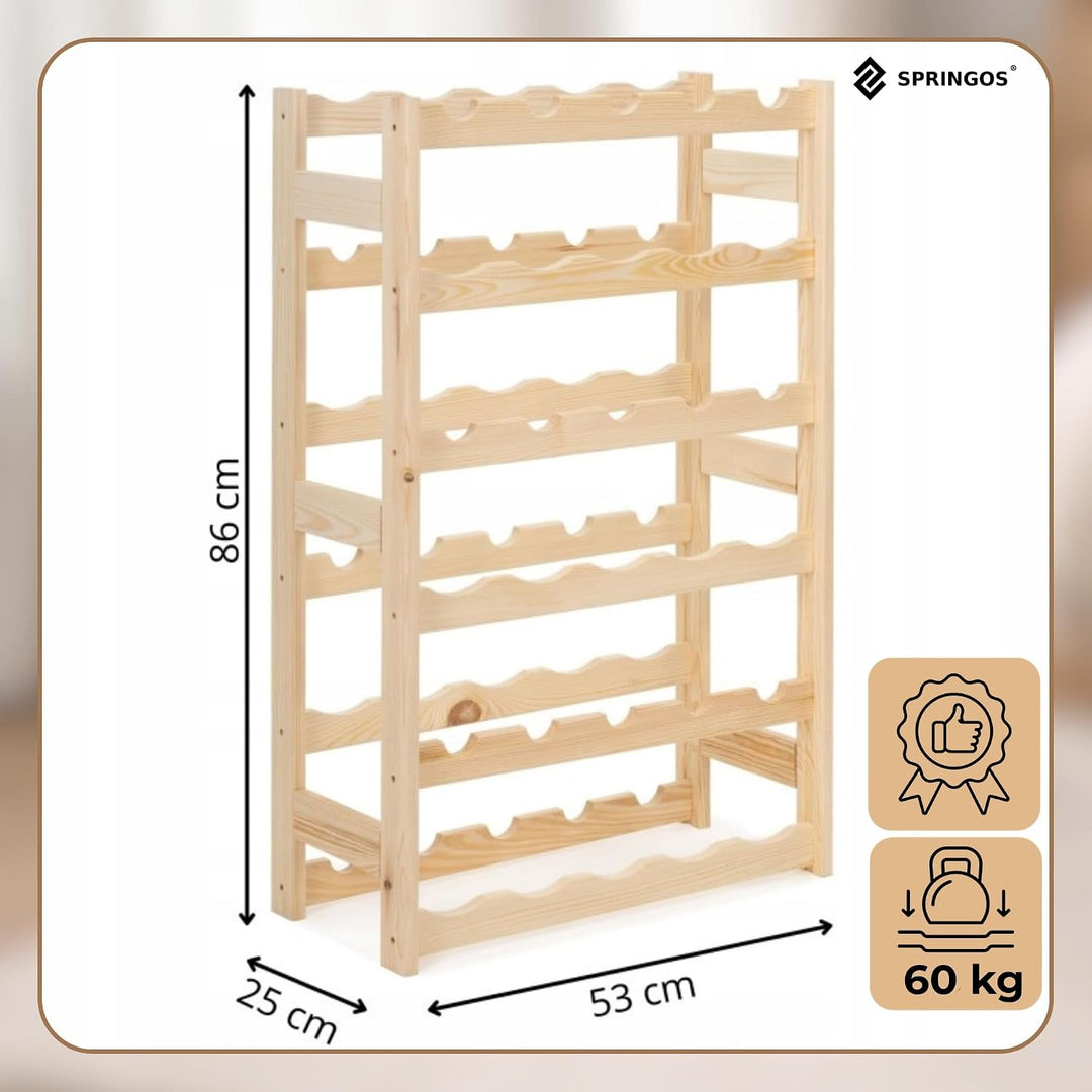 SPRINGOS Weinkühlschrank aus Kiefernholz für 30 Flaschen - Natürlicher Holz-Weinregal mit 6 vorderen