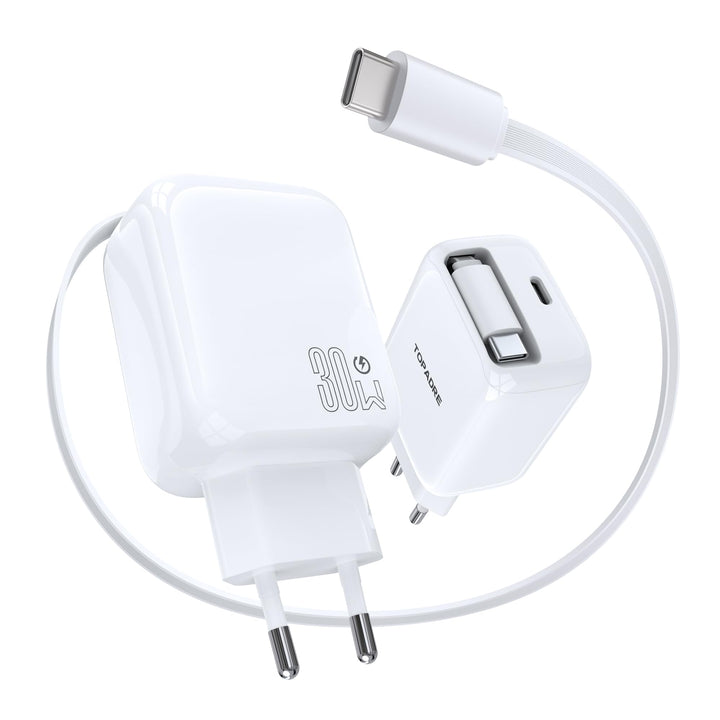 30W USB C Ladegerät, 2 Pack Schnellladegerät mit Einziehbares Ladekabel, GaN Ladegerät PD 3.0 Power