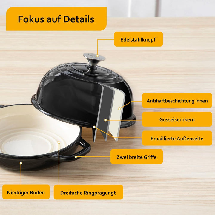 Velaze Gusseisen Topf Brot Backen, 4,8L Emaille Schmortopf mit Deckel und Griffen, 26 cm Brotbacktop