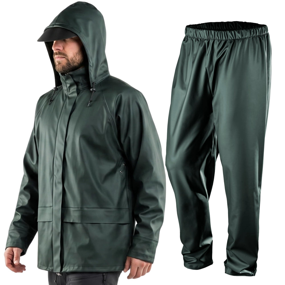 NEO TOOLS Herren Regenset, Regenmantel mit Kapuze und Regenhose, Gr. M-XXXL, verklebte Nähte, Reissv