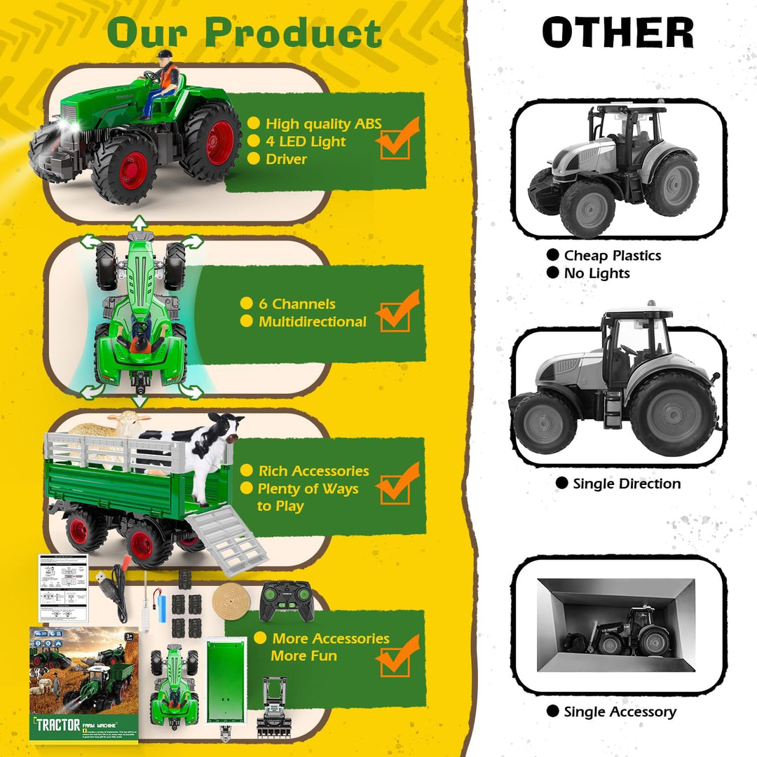 PENGBU RC Ferngesteuerter Traktor mit Anhänger, 2.4 GHz Traktor Ferngesteuert Spielzeug, Kindertrakt
