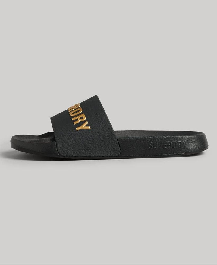 Superdry Damen Code Logo Vegan Pool Slide Flipflop Small Black Metallic Gold, Large