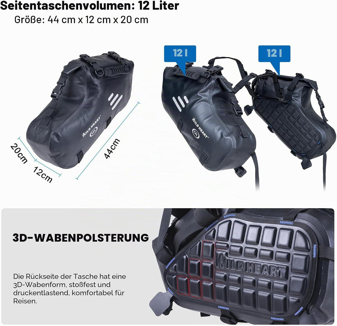 WILD HEART Motorrad Satteltaschen Wasserdicht 24L(12L*2) Motorrad Seitentaschen Packtaschen Kofferra