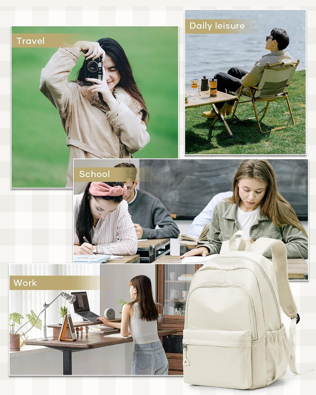 Schulrucksack Teenager Mädchen Jungen Schultasche Rucksack Schule Beige | School Bag Backpack Laptop