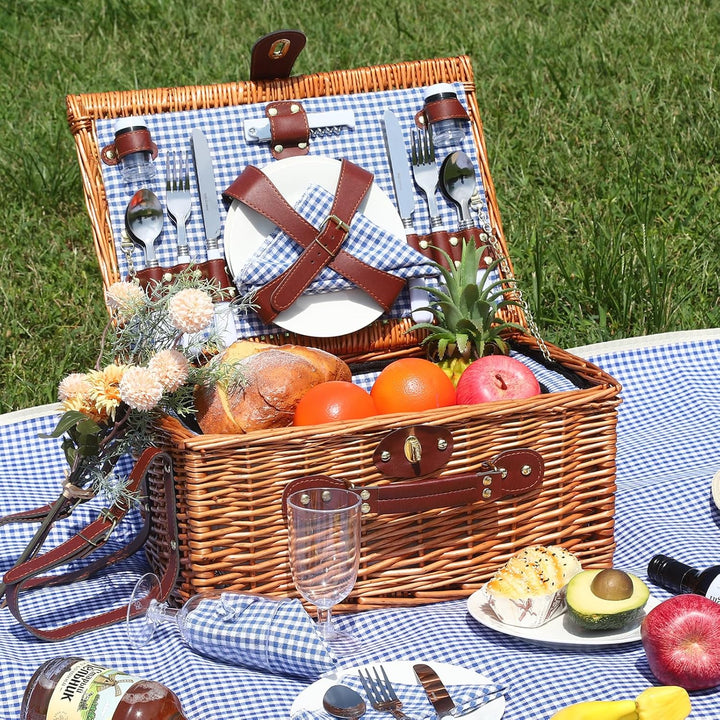 Picknickkorb Set für 4 Person mit Kühlfach und wasserdichte Picknickdecke, Abnehmbarer Riemen, Beste