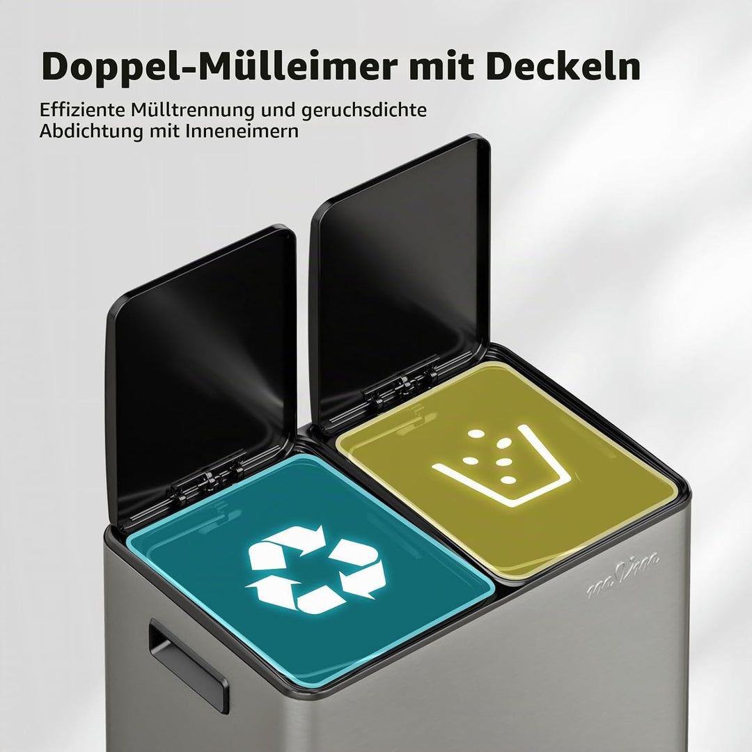 mVm Mülleimer Küche,40 Liter Treteimer,2x20L Doppelter Abfalleimer 2er-Mülleimer Mülltrennung mit In